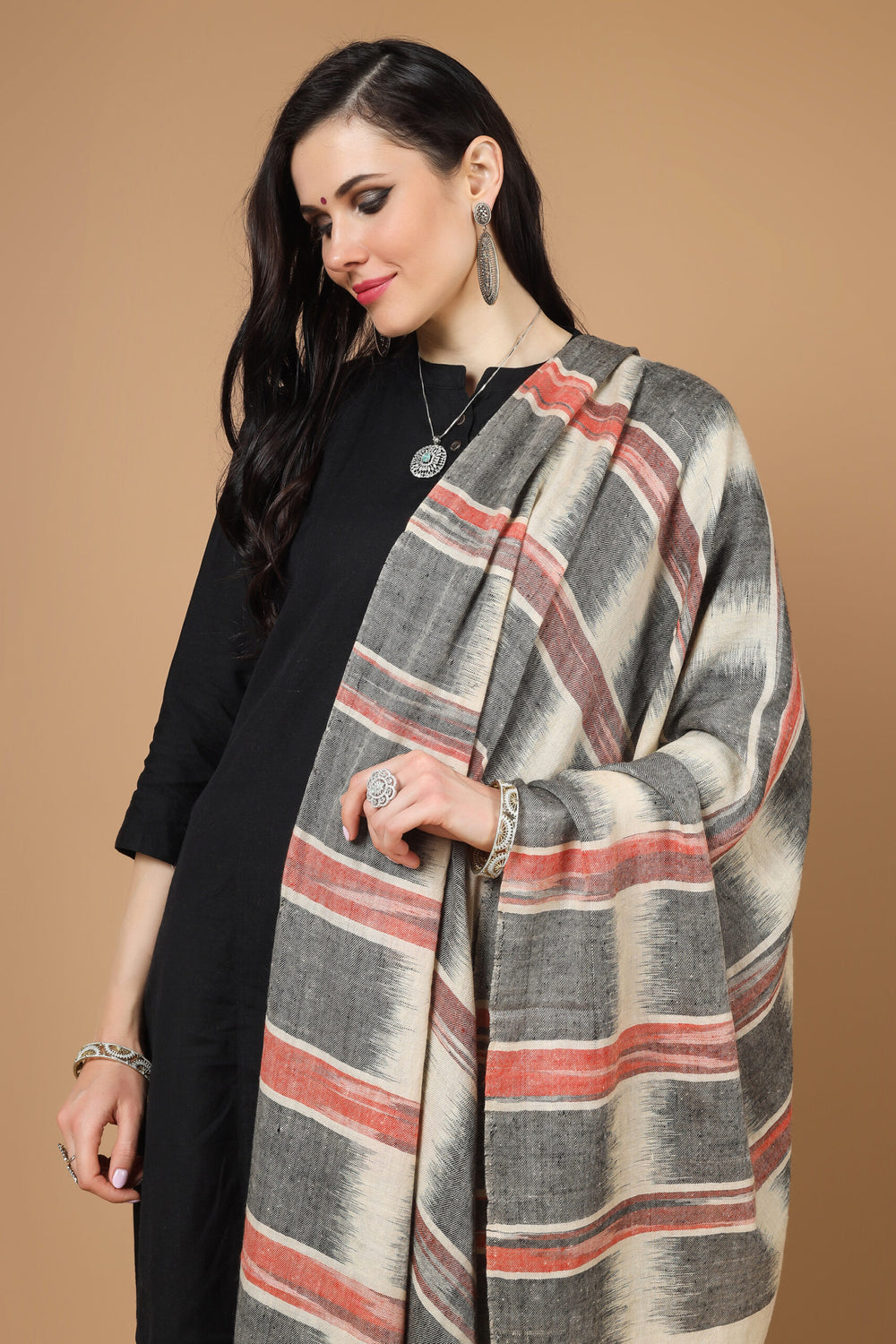 DELHI - pashmina shawl Gray and Red Ikkat 