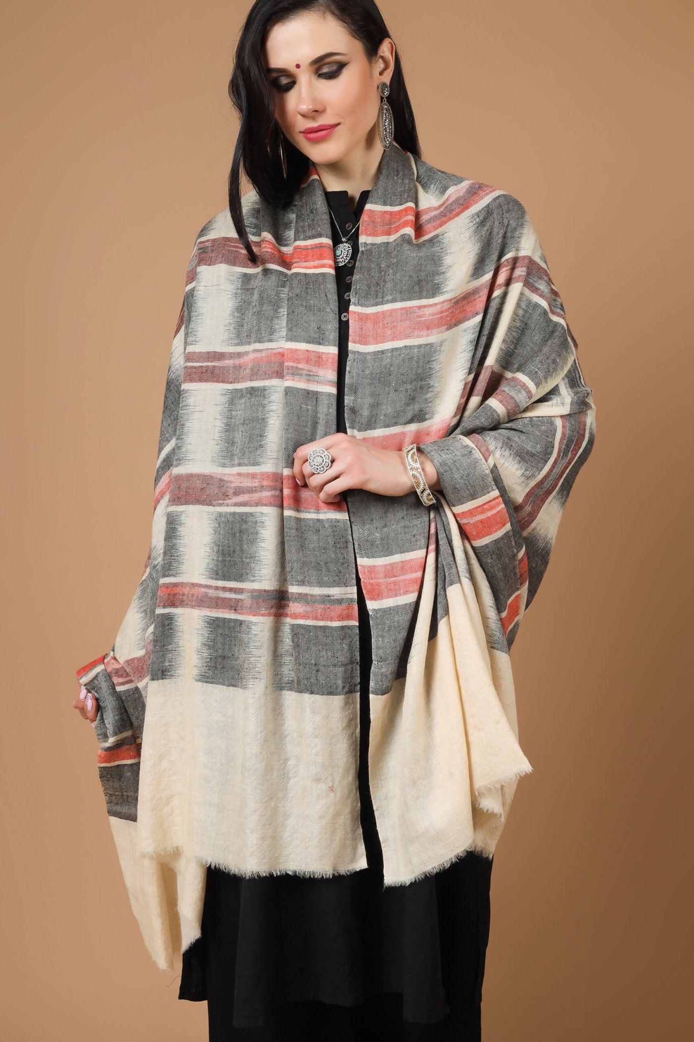 DELHI - pashmina shawl Gray and Red Ikkat 