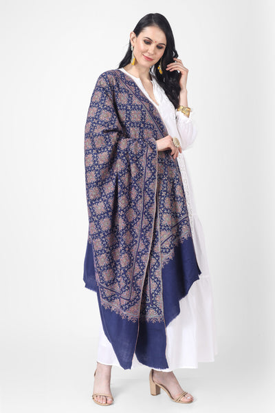 Royal blue handmade Pashmina shawl crafted in traditional Jamawar pattern is a must have for art lovers.  For the most cherished events we all have been waiting for