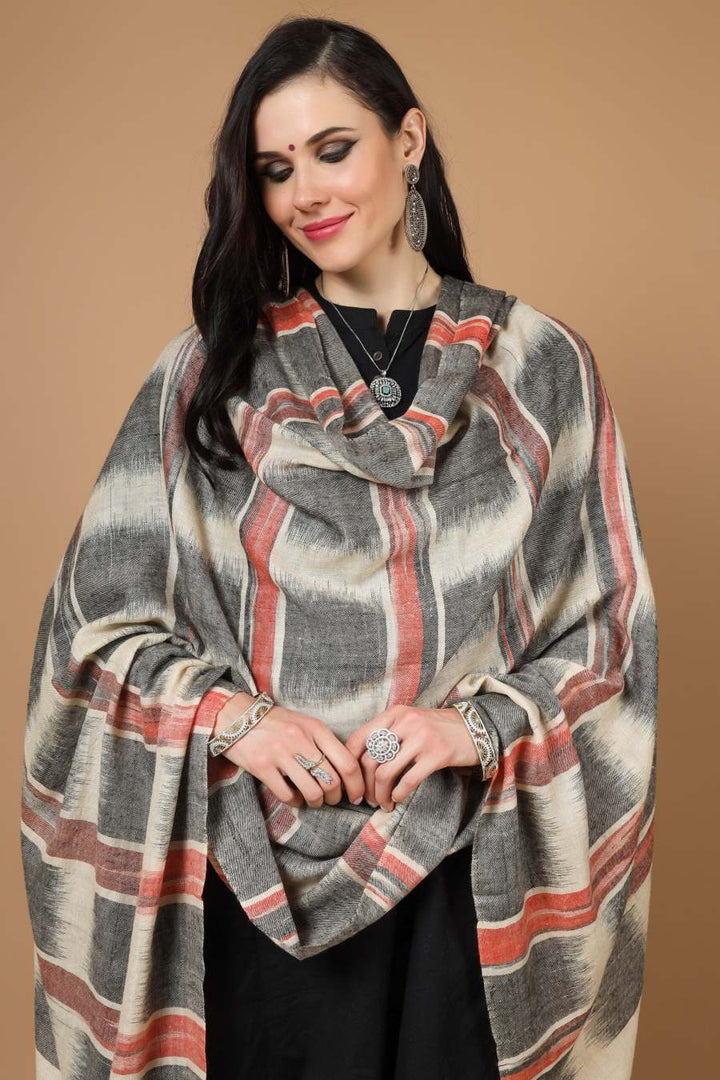 DELHI - pashmina shawl Gray and Red Ikkat 