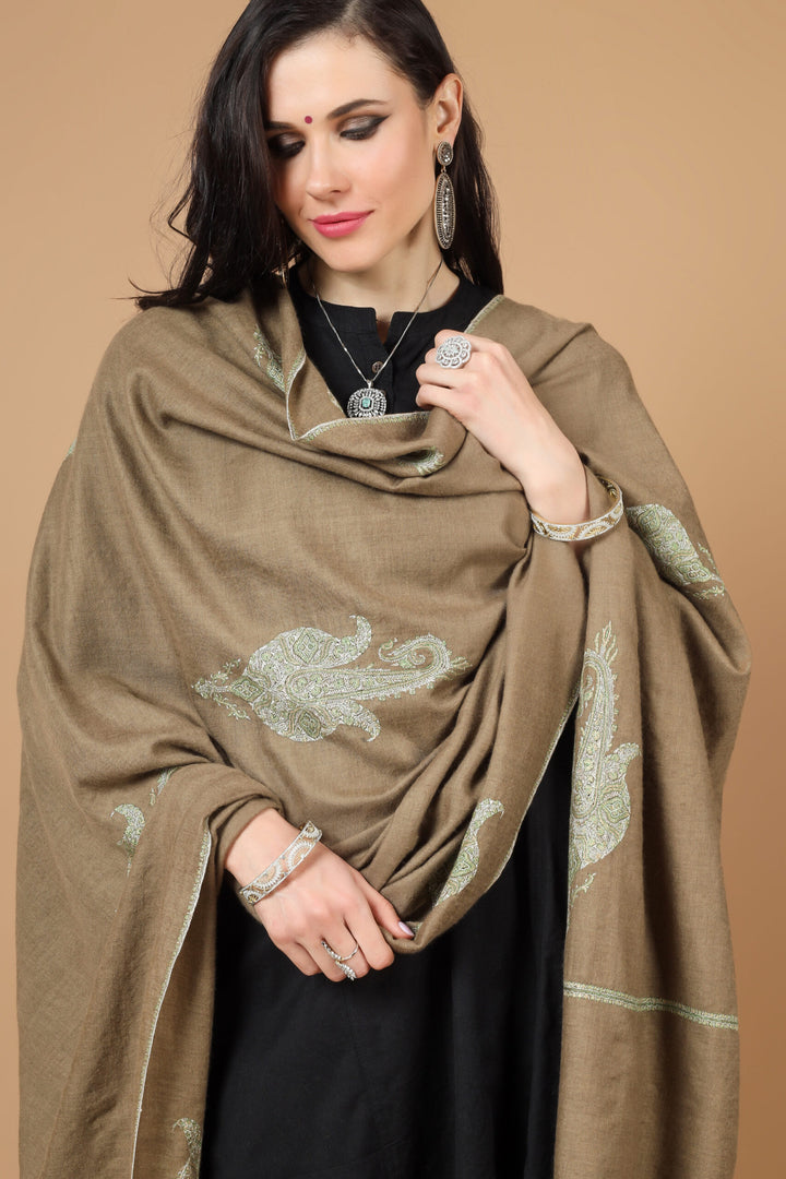 Brown Pashmina bootidaar sozni  shawl