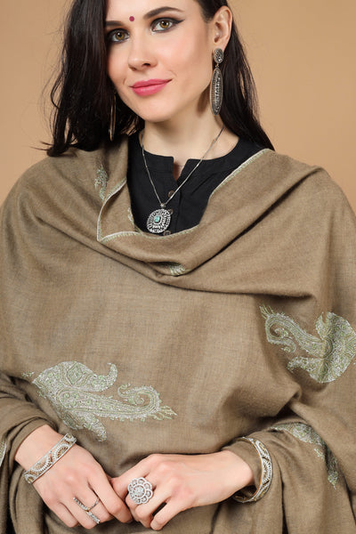 Brown Pashmina bootidaar sozni  shawl