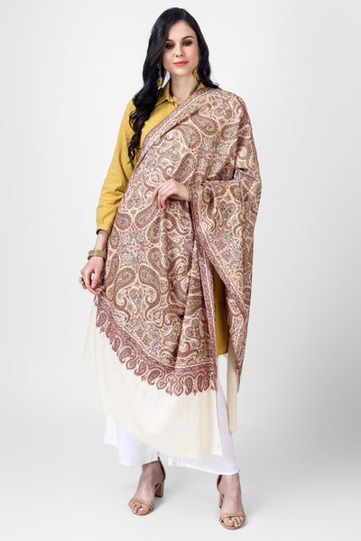  This beautiful white pashmina shawl is a unique piece of art, featuring intricate embroidery with a timeless khatmband design. Perfect for formal or casual settings .