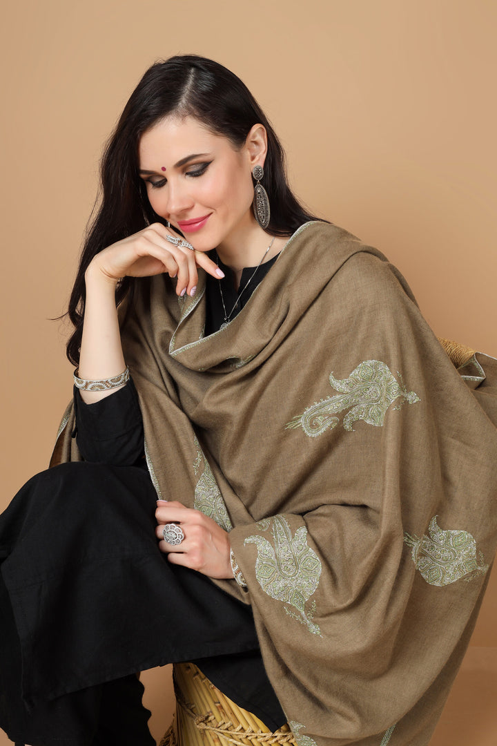 Brown Pashmina bootidaar sozni  shawl