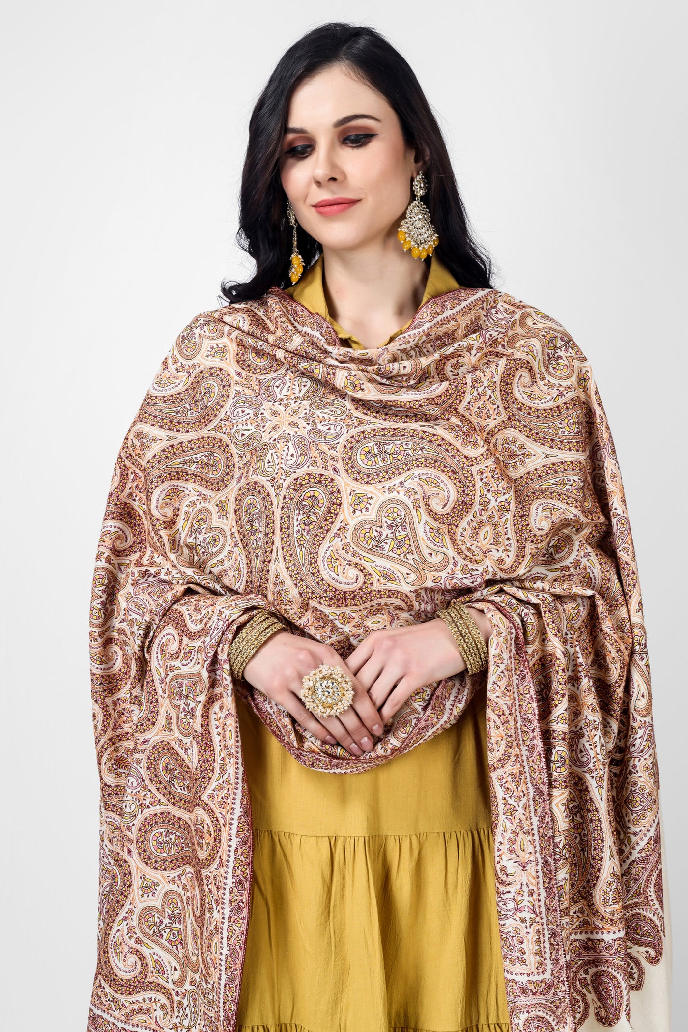 White Pashmina sozni jama badamkar shawl