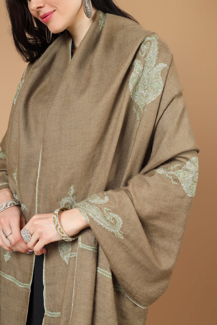 Brown Pashmina bootidaar sozni  shawl