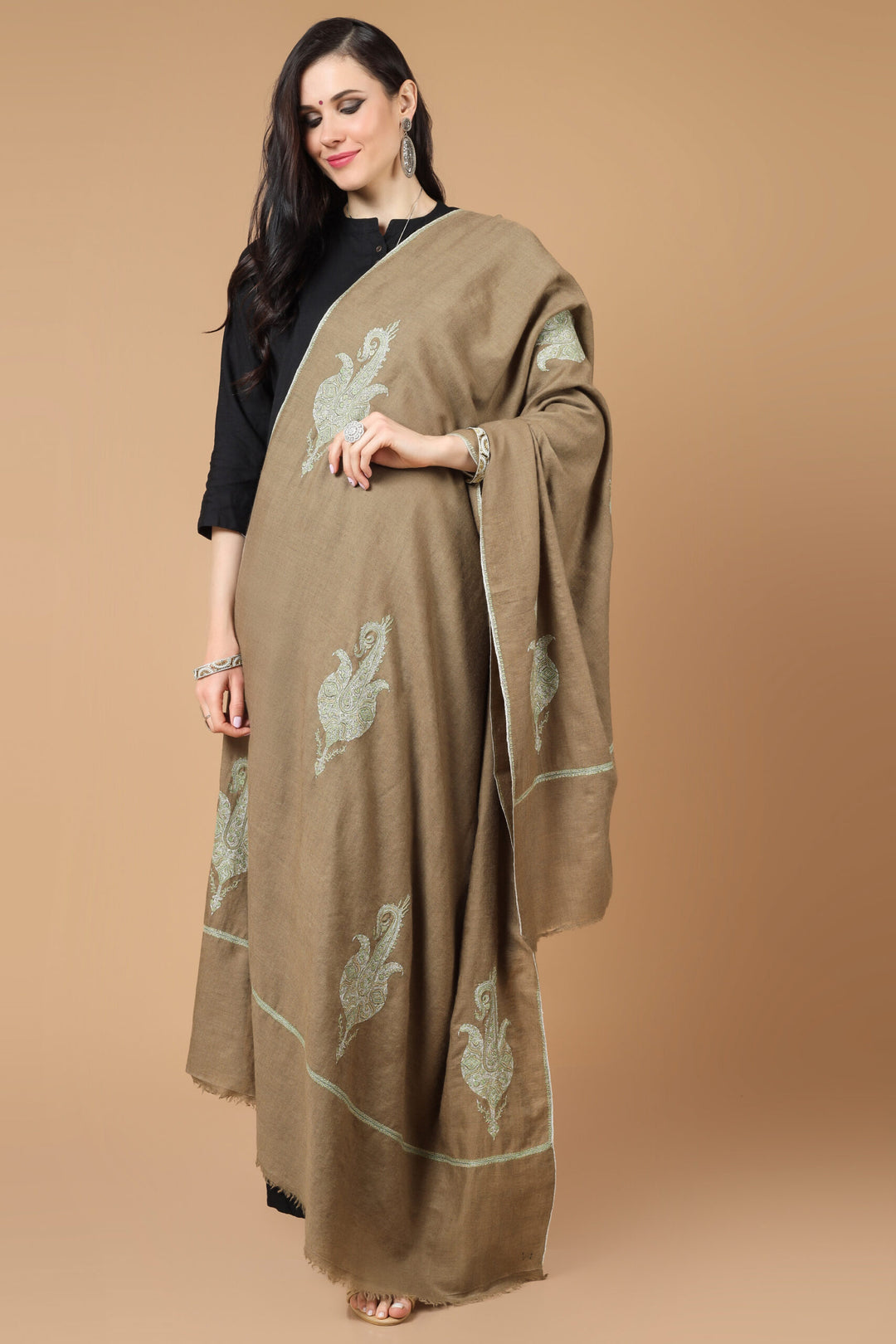 Brown Pashmina bootidaar sozni  shawl