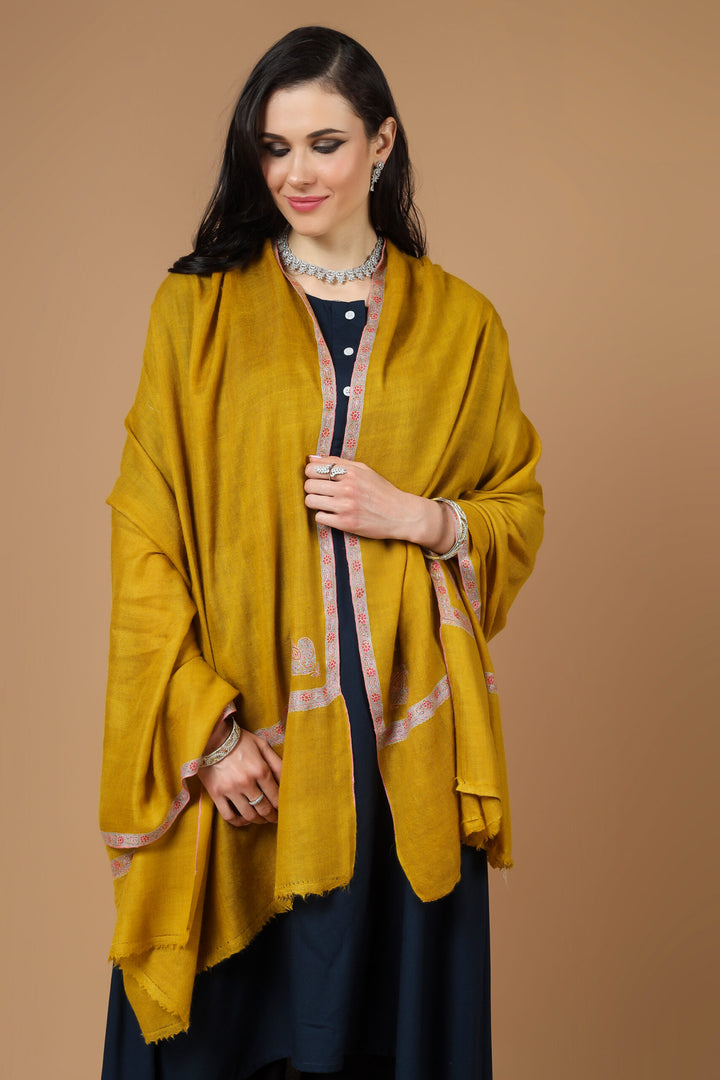 Mustard Pashmina Pink Hashidaar Sozni Shawl