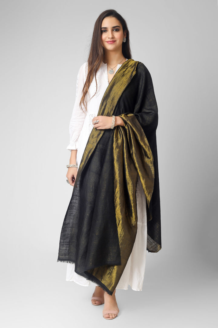 PASHMINA SHAWLS IN DELHI - Zari golden and black pashmina reversible shawl