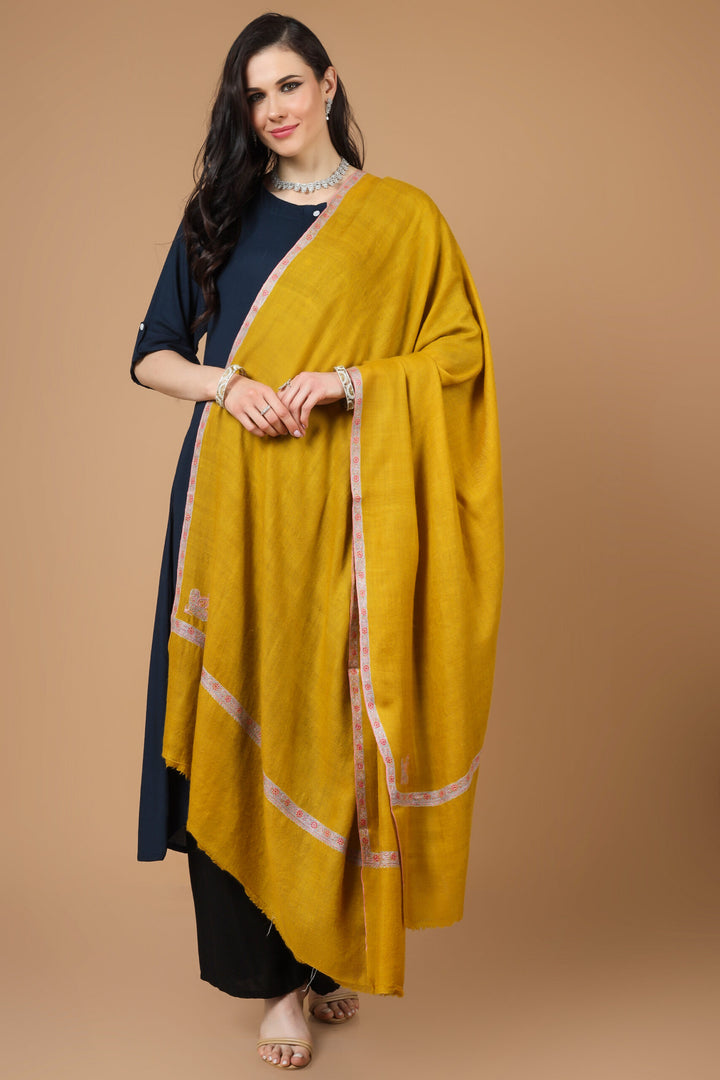 Mustard Pashmina Pink Hashidaar Sozni Shawl