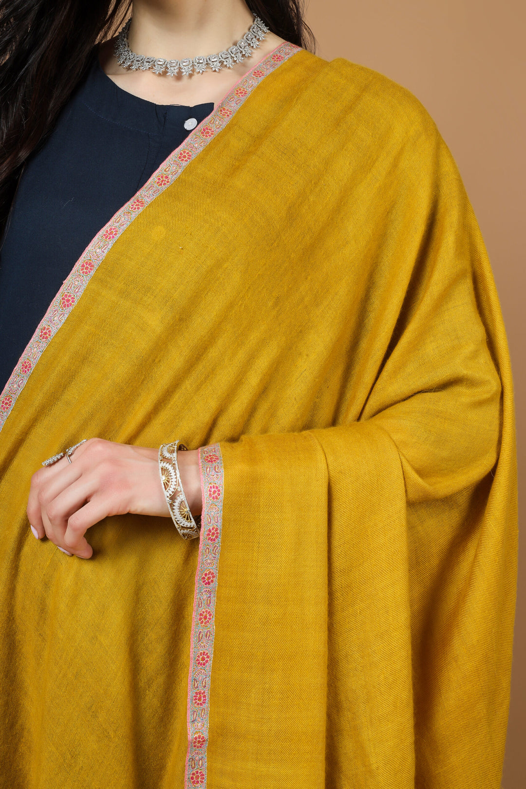 Mustard Pashmina Pink Hashidaar Sozni Shawl