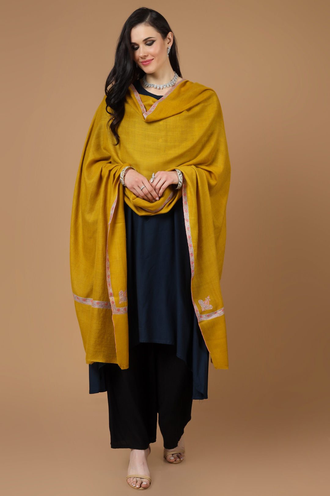 Mustard Pashmina Pink Hashidaar Sozni Shawl