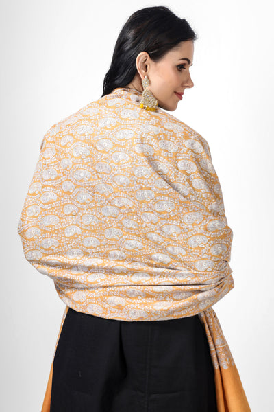 "PASHMINA SHAWL - Unmatched Softness and Grace" Light Orange Pashmina Badami Sozni Jama Shawl is a testament to the skill and craftsmanship of Kashmiri weavers and embroiderers. "PASHMINA SHAWLS IN JAPAN - Asian Luxury and Timeless Beauty"