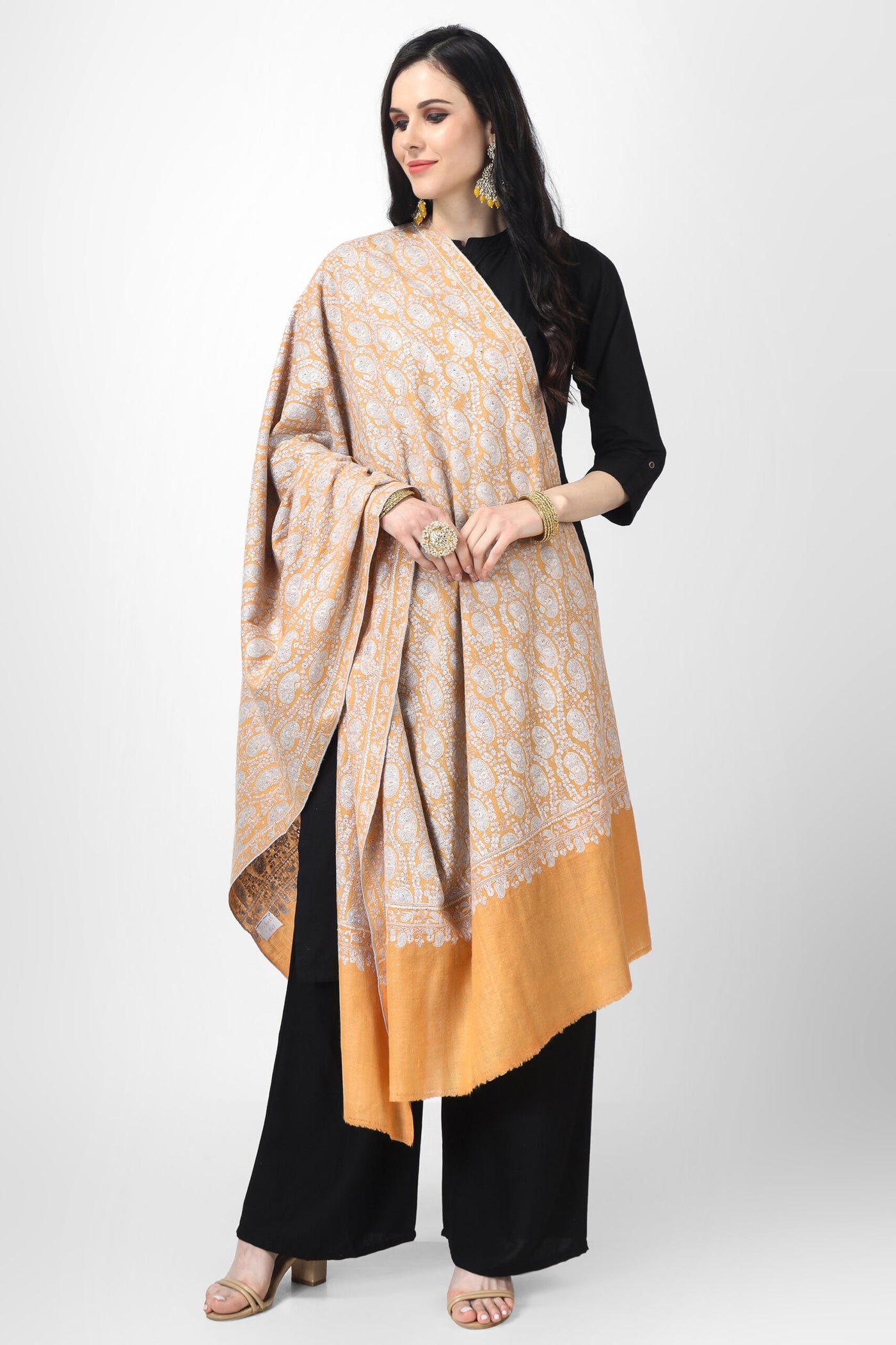 "PASHMINA SHAWL - Unmatched Softness and Grace" Light Orange Pashmina Badami Sozni Jama Shawl is a testament to the skill and craftsmanship of Kashmiri weavers and embroiderers. "PASHMINA SHAWLS IN HONG KONG - Asian Luxury and Timeless Beauty"