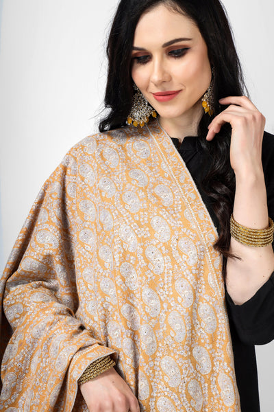 "PASHMINA SHAWL - Unmatched Softness and Grace" Light Orange Pashmina Badami Sozni Jama Shawl is a testament to the skill and craftsmanship of Kashmiri weavers and embroiderers. "PASHMINA SHAWLS IN  NEW YORK - Asian Luxury and Timeless Beauty"