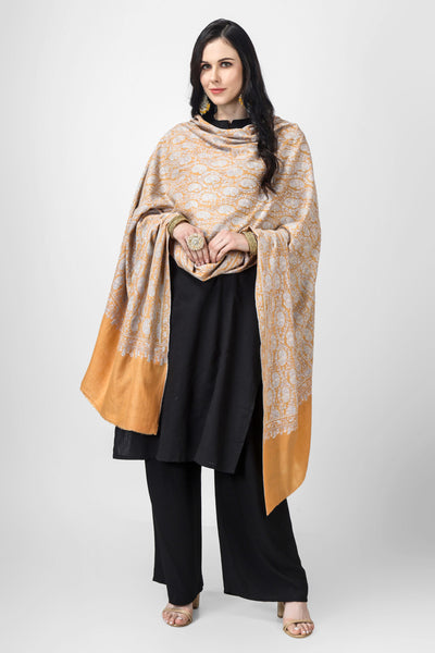 "PASHMINA SHAWL - Unmatched Softness and Grace" Light Orange Pashmina Badami Sozni Jama Shawl is a testament to the skill and craftsmanship of Kashmiri weavers and embroiderers. "PASHMINA SHAWLS IN CANADA - Asian Luxury and Timeless Beauty"
