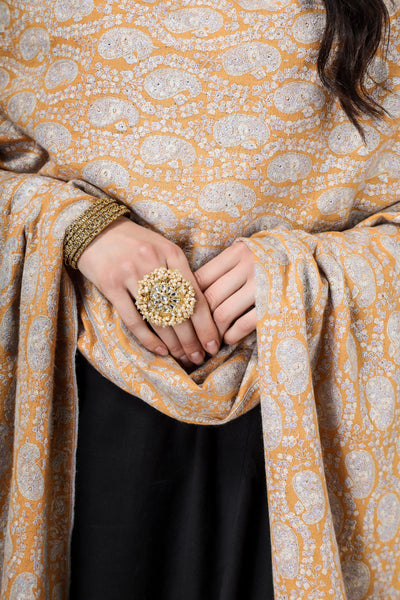 "PASHMINA SHAWL - Unmatched Softness and Grace" Light Orange Pashmina Badami Sozni Jama Shawl is a testament to the skill and craftsmanship of Kashmiri weavers and embroiderers. "PASHMINA SHAWLS IN QATAR - Asian Luxury and Timeless Beauty"