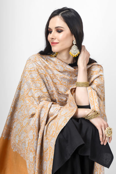 "PASHMINA SHAWL - Unmatched Softness and Grace" Light Orange Pashmina Badami Sozni Jama Shawl is a testament to the skill and craftsmanship of Kashmiri weavers and embroiderers. "PASHMINA SHAWLS  ONLINE- Asian Luxury and Timeless Beauty"