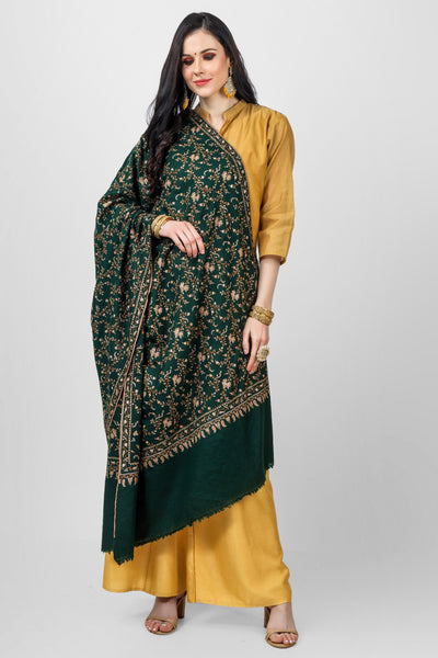 PASHMINA SHAWLS  Overall, the Lotus Green Pashmina Jaldaar Sozni Embroidered Shawl is a beautiful and luxurious piece that can be worn for special occasions or used as a statement piece to elevate any outfit. It also makes for a thoughtful and meaningful gift for a loved one.