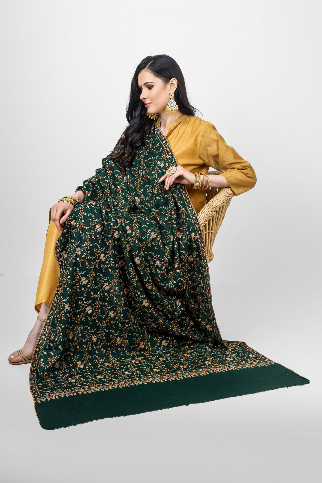 Lotus Green Pashmina Jaldaar Sozni Embroidered Shawl