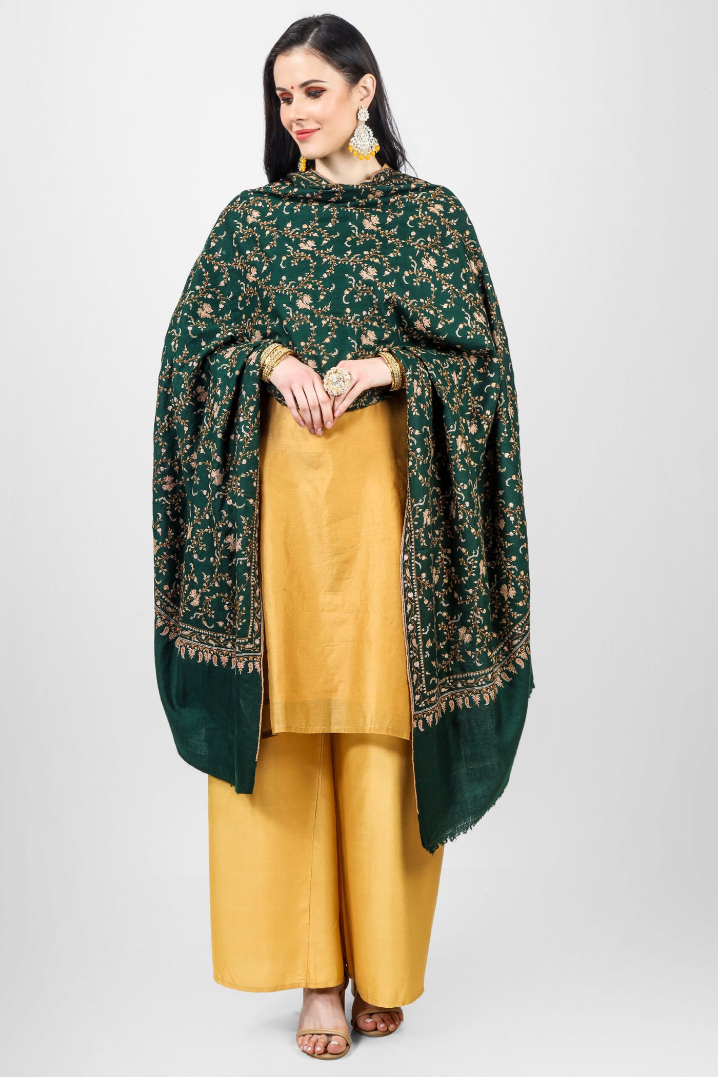 Lotus Green Pashmina Jaldaar Sozni Embroidered Shawl