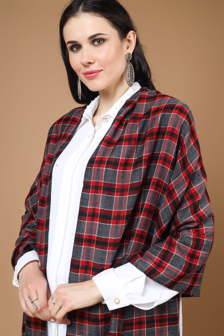 Designer Pashmina Stole The Maroon Check Designer Pashmina Stole is a luxurious and versatile accessory made from high-quality pashmina wool. Its elegant check design adds sophistication to any outfit. 