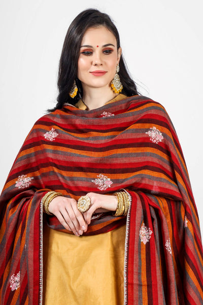 Red Stripped sozni bootidaar pashmina shawl