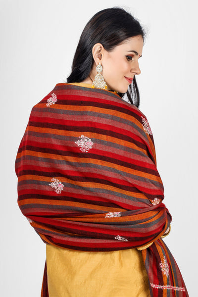 Red Stripped sozni bootidaar pashmina shawl