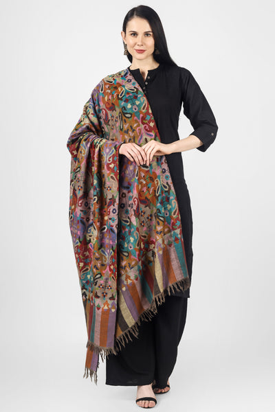  This multicolor Kani Pashmina Shawl has beautiful designs in floral and paisley patterns crafted by expert and skillful Artisans.