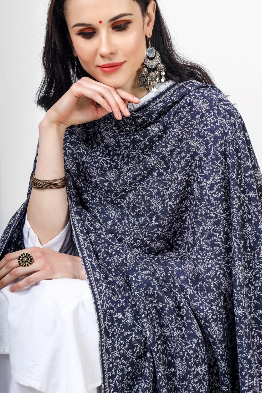 Dark Blue Pashmina Jaldaar Sozni Embroidered Shawl