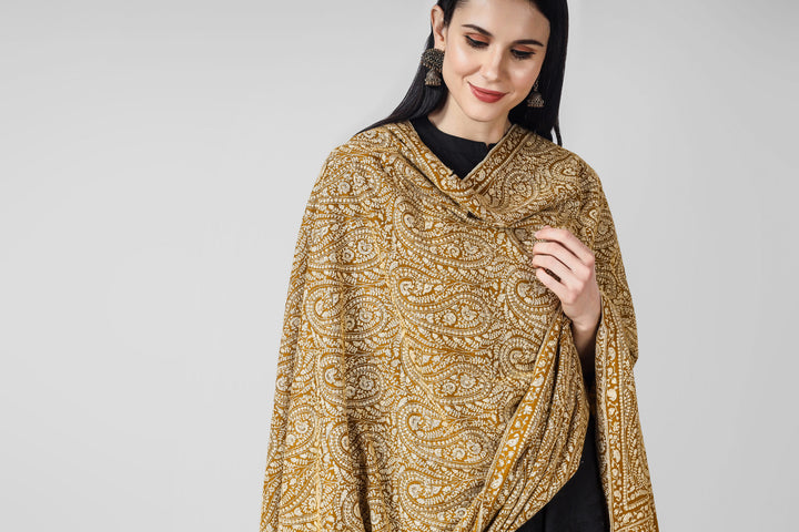 A beautiful bright Mustard (golden)colored Pashmina jama  is featured by intricate Sozni across its surface called the Jama pattern . 