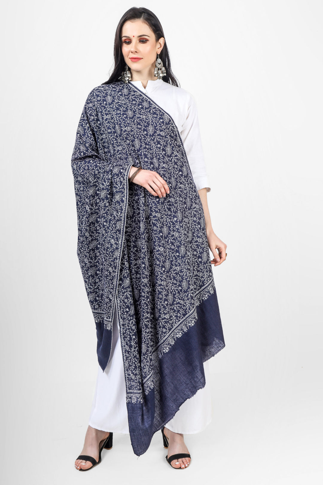 Dark Blue Pashmina Jaldaar Sozni Embroidered Shawl