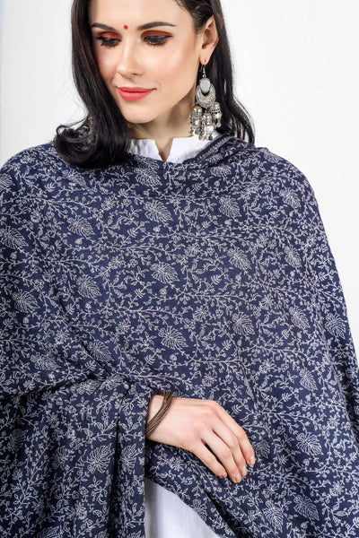Dark Blue Pashmina Jaldaar Sozni Embroidered Shawl