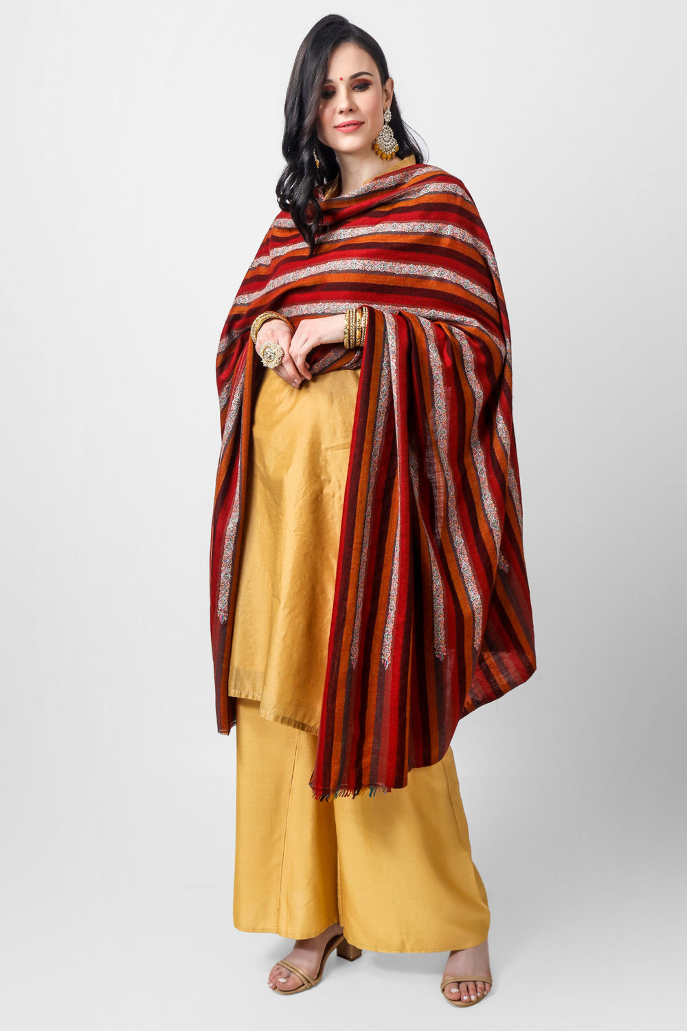 PASHMINA SHAWLS - Stripped maroon & brown sozni pashmina shawl