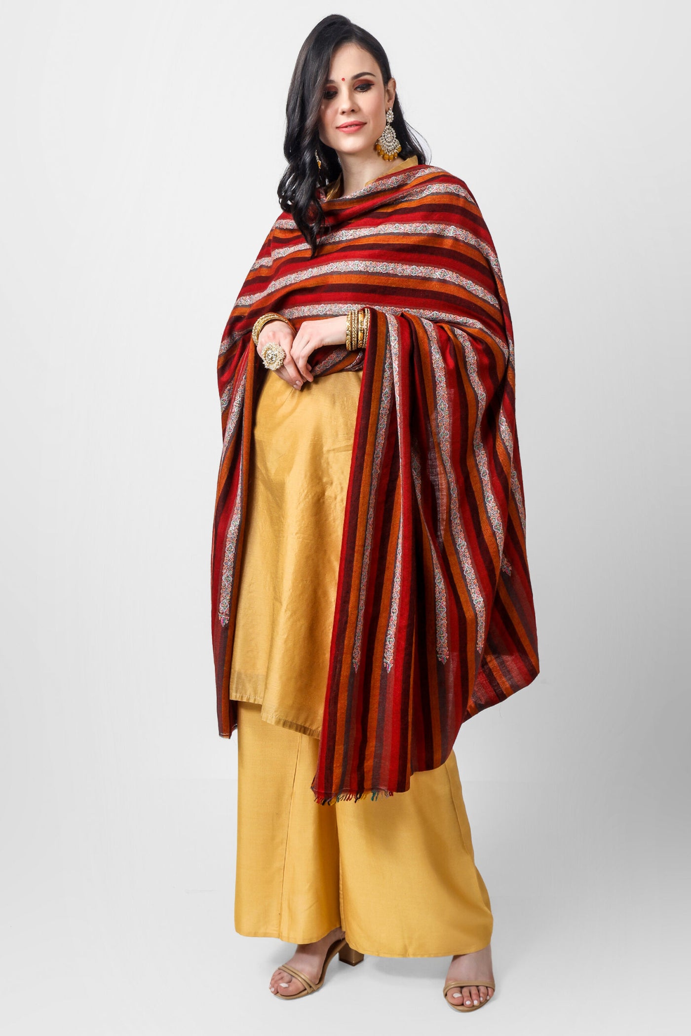 PASHMINA SHAWLS - Stripped maroon & brown sozni pashmina shawl