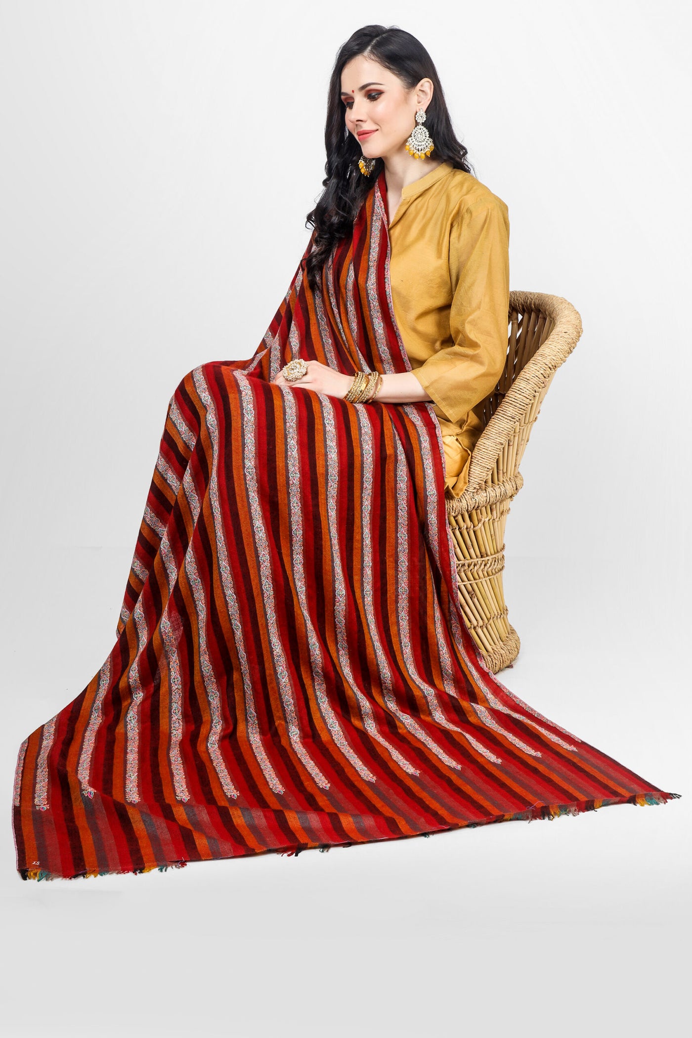 PASHMINA SHAWLS - Stripped maroon & brown sozni pashmina shawl