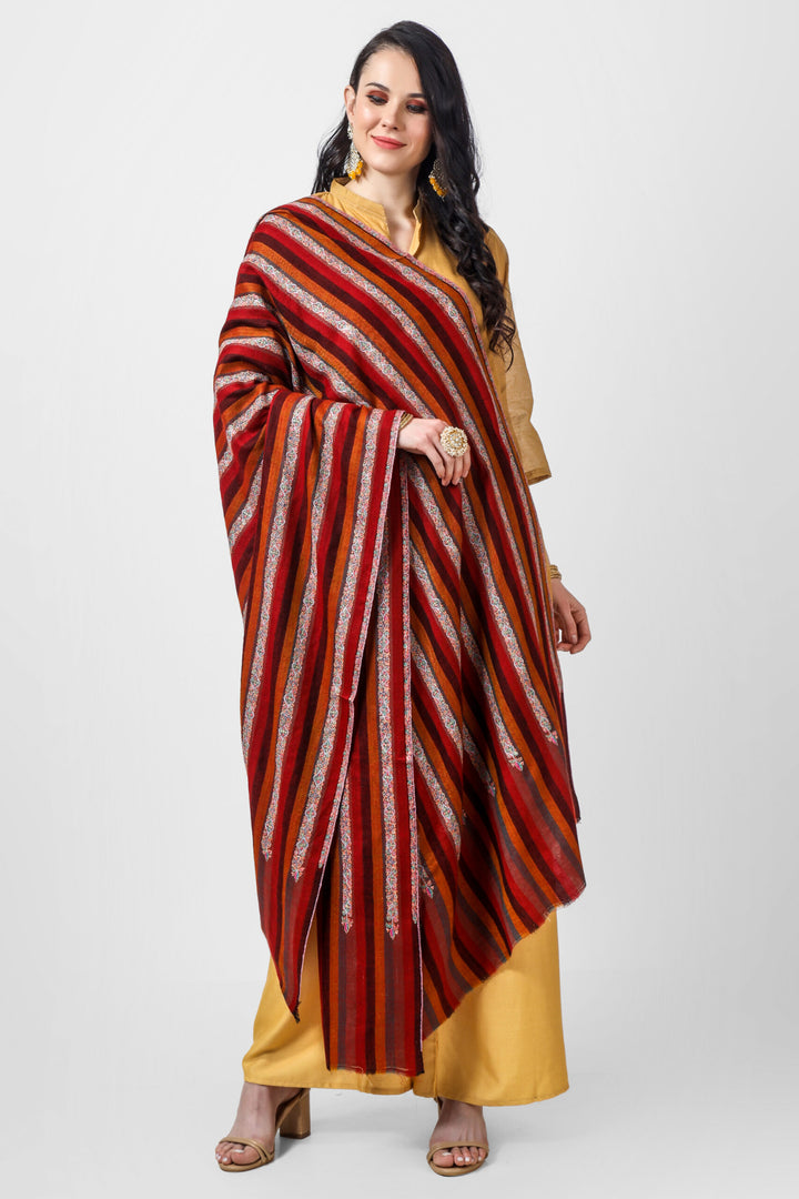 PASHMINA SHAWLS - Stripped maroon & brown sozni pashmina shawl