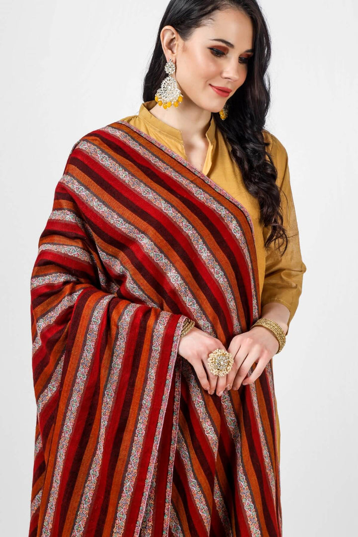 PASHMINA SHAWLS - Stripped maroon & brown sozni pashmina shawl