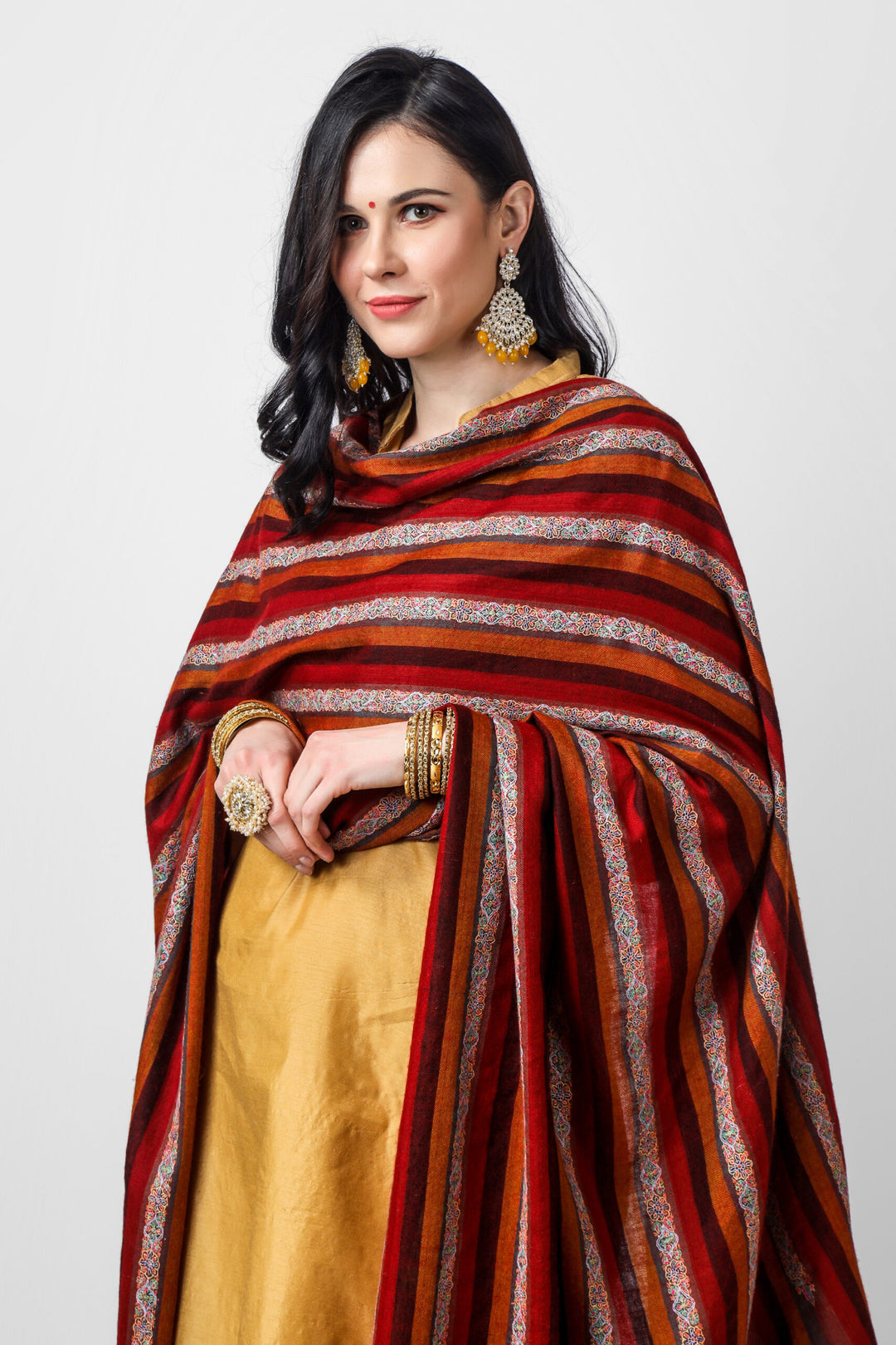 PASHMINA SHAWLS - Stripped maroon & brown sozni pashmina shawl