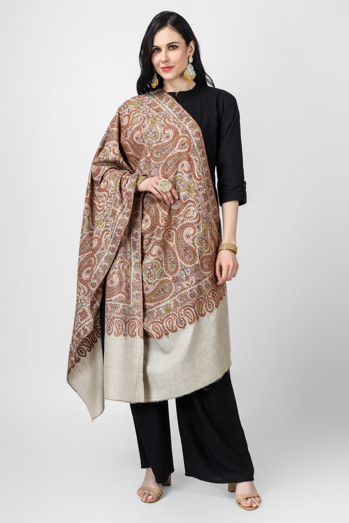  A beautiful Natural Pashmina color is featured by intricate Sozni across its surface called the Jamawaar pattern (jama shawl)giving it a contemporary edge. 