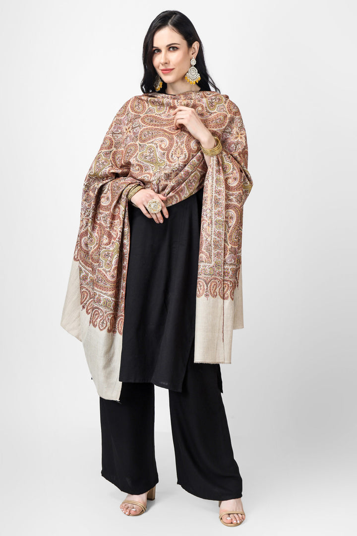  A beautiful Natural Pashmina color is featured by intricate Sozni across its surface called the Jamawaar pattern (jama shawl)giving it a contemporary edge. 