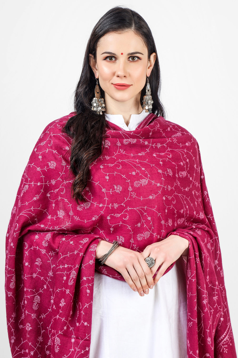 PASHMINA SHAWLS - A Plum Velvet Pink Pashmina Jaldaar Embroidered Shawl is a luxurious and elegant shawl made from high-quality pashmina wool. The shawl is designed with a unique Jaldaar pattern that features intricate weaving and embroidery with fine silk threads.