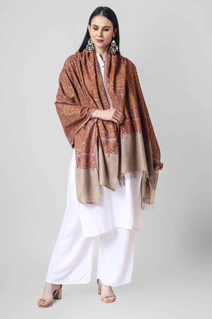 This natural (khud-rang) Pure Pashmina Shawl with Sozni Jama Hand-Embroidery will embrace your beauty in every way,