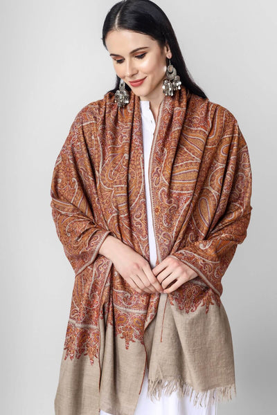 This natural (khud-rang) Pure Pashmina Shawl with Sozni Jama Hand-Embroidery will embrace your beauty in every way,