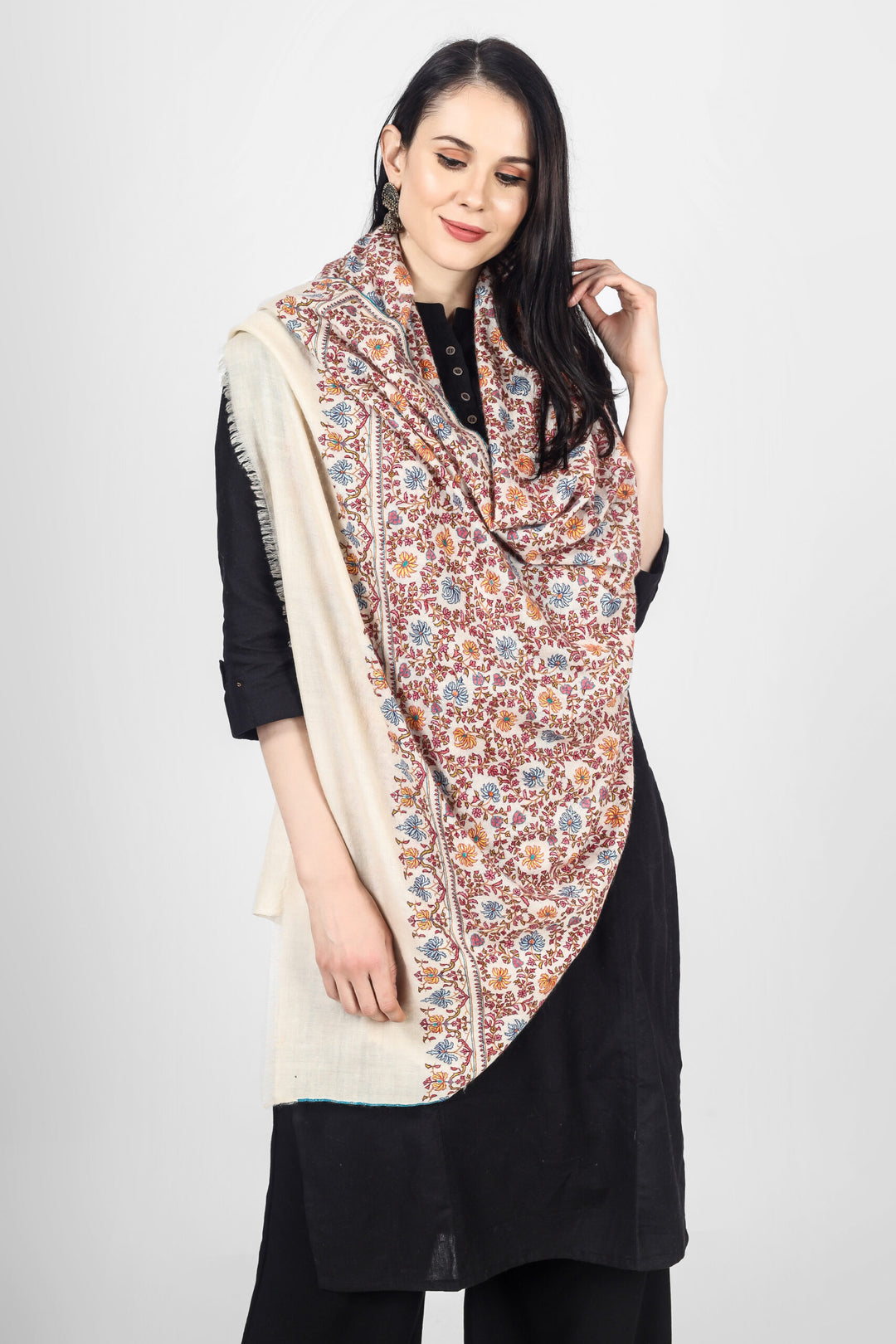 White Pashmina Jama Blue & Peach Embroidered  Shawl