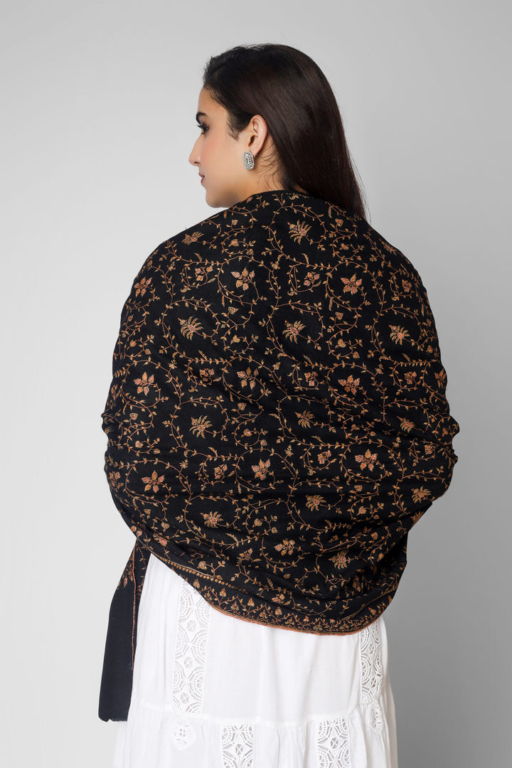 Black Pashmina Jaldaar Golden Thread Embroidered Shawl