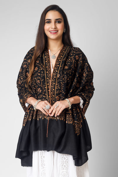 INDIAN SHAWL - Overall, the Black Pashmina Jaldaar Golden Thread Embroidered Shawl is a beautiful and timeless accessory that is perfect for any occasion. Its high-quality materials, intricate embroidery, and unique design make it a must-have for anyone who appreciates luxury and style.
