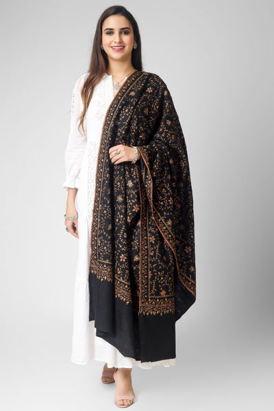 Black Pashmina Jaldaar Golden Thread  Embroidered Shawl