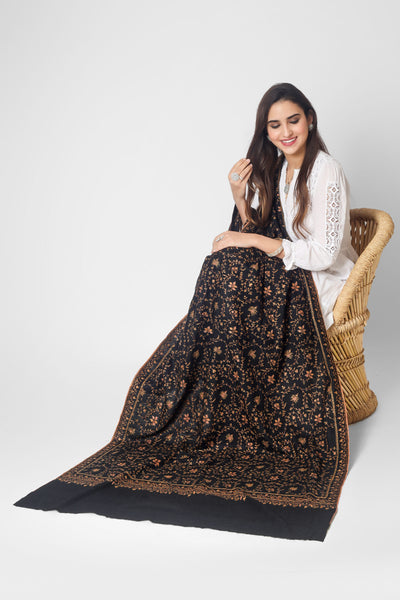 Black Pashmina Jaldaar Golden Thread Embroidered Shawl