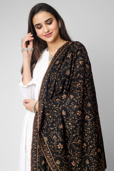 PASHMINA SHAWL-  Overall, the Black Pashmina Jaldaar Golden Thread Embroidered Shawl is a beautiful and timeless accessory that is perfect for any occasion. Its high-quality materials, intricate embroidery, and unique design make it a must-have for anyone who appreciates luxury and style.